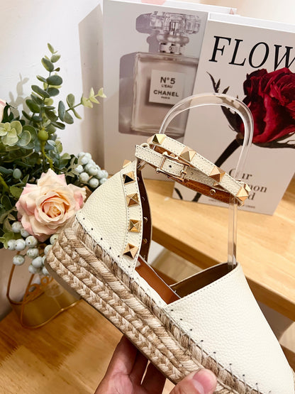 Valentino Rockstud Espadrille Sandals White Leather 240597