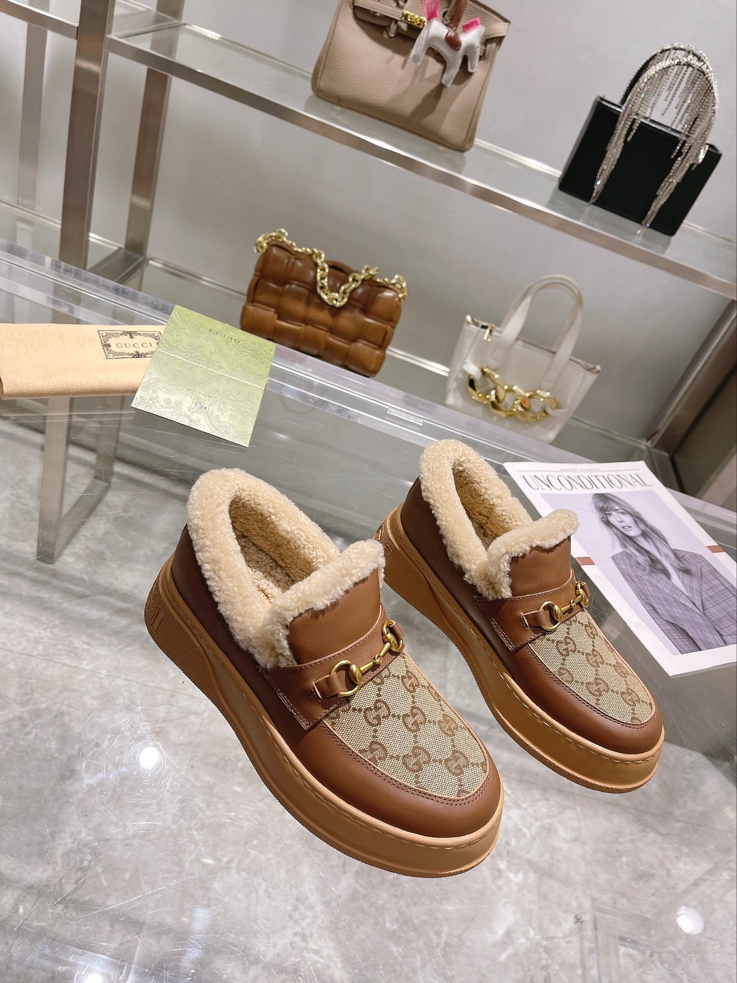 GG Snow Boots Brown Calfskin Denim Wool 576249