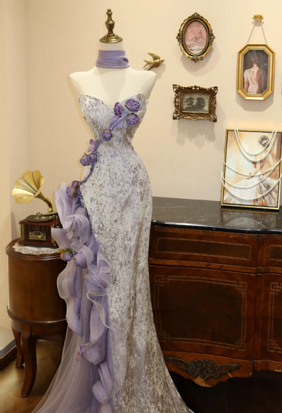 Lilac Mermaid Prom Party Dress With 3d Flowers Classy 21st Birthday Outfit  fg8682