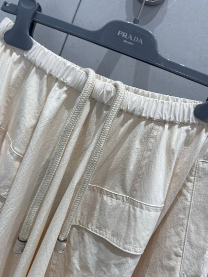 Prada 25 Drawstring Elastic Waist Umbrella Skirt Beige Cotton 215066