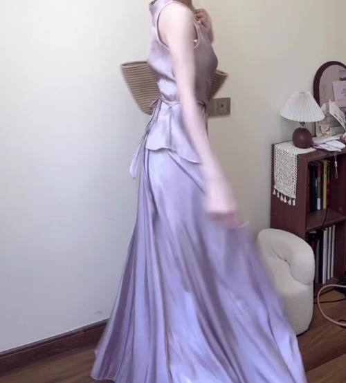 Gentle temperament purple sleeveless vest a-line skirt wear two-piece suit R0813