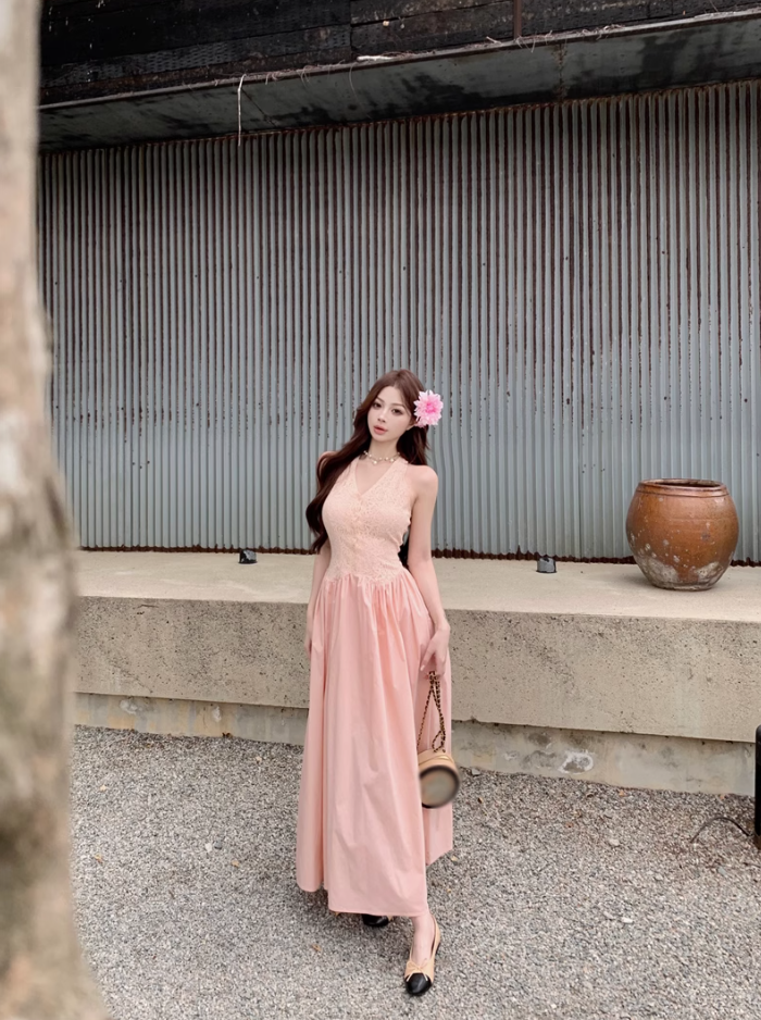 Temperament pink v-neck lace sleeveless dress pretty little skirt R0620