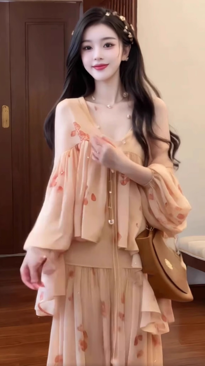 Gentle temperament floral dress waist beautiful summer skirt R0748