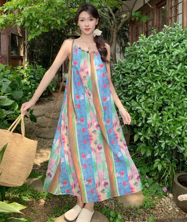 Retro oil painting style flower suspender dress holiday style tassel blouse slim long skirt suit R0204