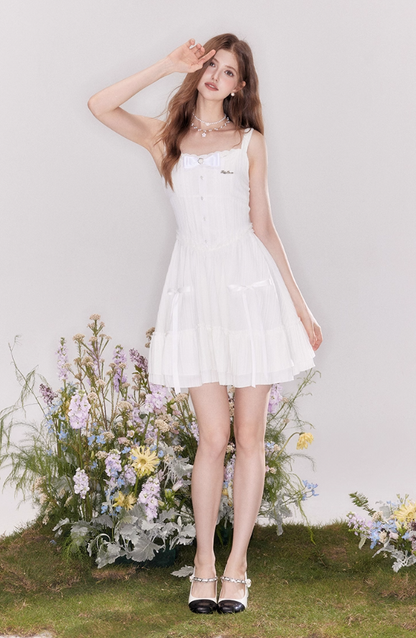 Girls slim texture tea break vacation white bow dress summer R4544