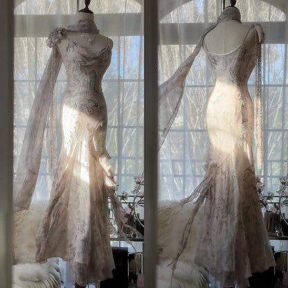 E??? Fairytale Pink Spaghetti Straps Mermaid Prom Gown Vintage Elegant Beaded Silk Long Prom Dress Guest Dresses