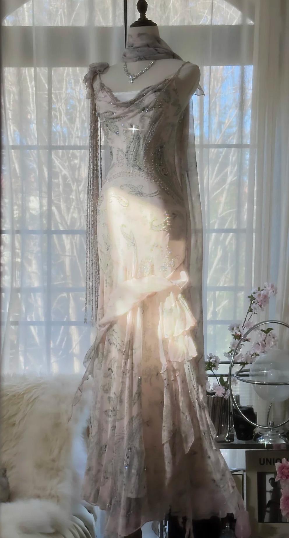 E??? Fairytale Pink Spaghetti Straps Mermaid Prom Gown Vintage Elegant Beaded Silk Long Prom Dress Guest Dresses