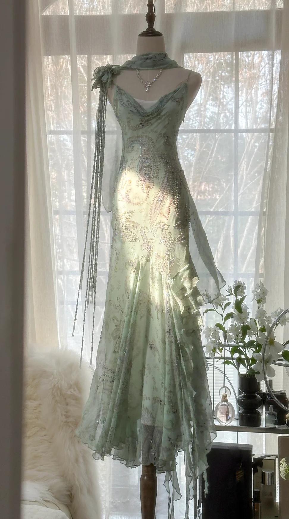 E??? Fairytale Pink Spaghetti Straps Mermaid Prom Gown Vintage Elegant Beaded Silk Long Prom Dress Guest Dresses
