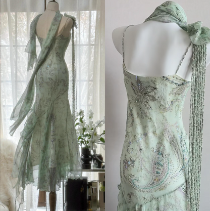 E??? Fairytale Pink Spaghetti Straps Mermaid Prom Gown Vintage Elegant Beaded Silk Long Prom Dress Guest Dresses
