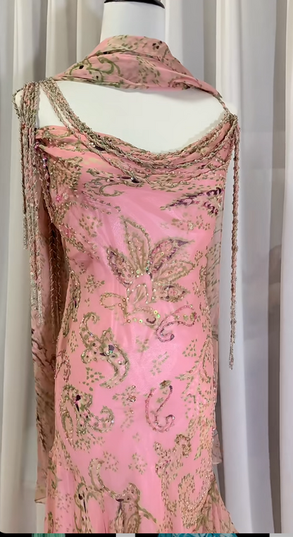 E??? Fairytale Pink Spaghetti Straps Mermaid Prom Gown Vintage Elegant Beaded Silk Long Prom Dress Guest Dresses