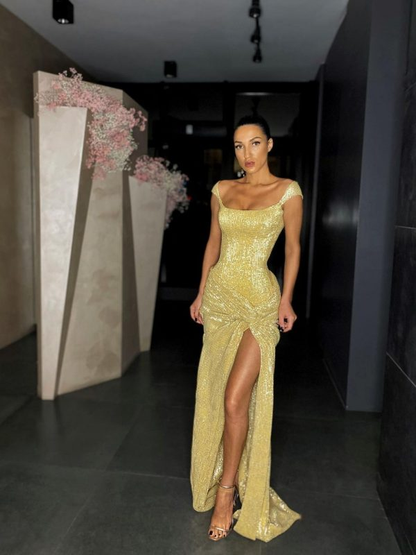 Yellow Shiny Sequins Long Fashion Sleeveless Slit Sexy Ball Gowns Prom Dresses