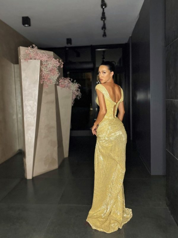 Yellow Shiny Sequins Long Fashion Sleeveless Slit Sexy Ball Gowns Prom Dresses