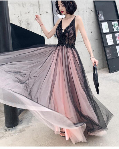 Fashionable Pink And Black Tulle V-Neckline Prom Dresses, Pink Lace Applique Prom Gowns