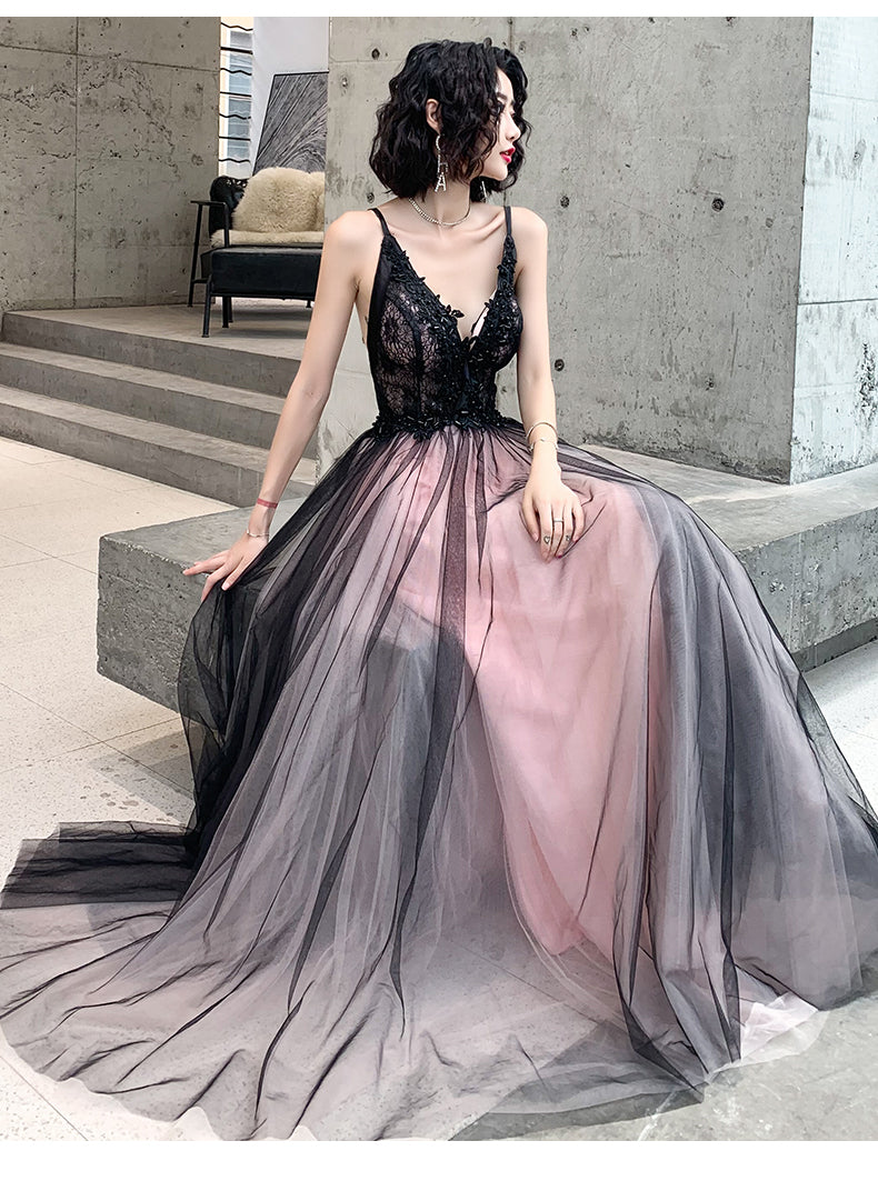 Fashionable Pink And Black Tulle V-Neckline Prom Dresses, Pink Lace Applique Prom Gowns