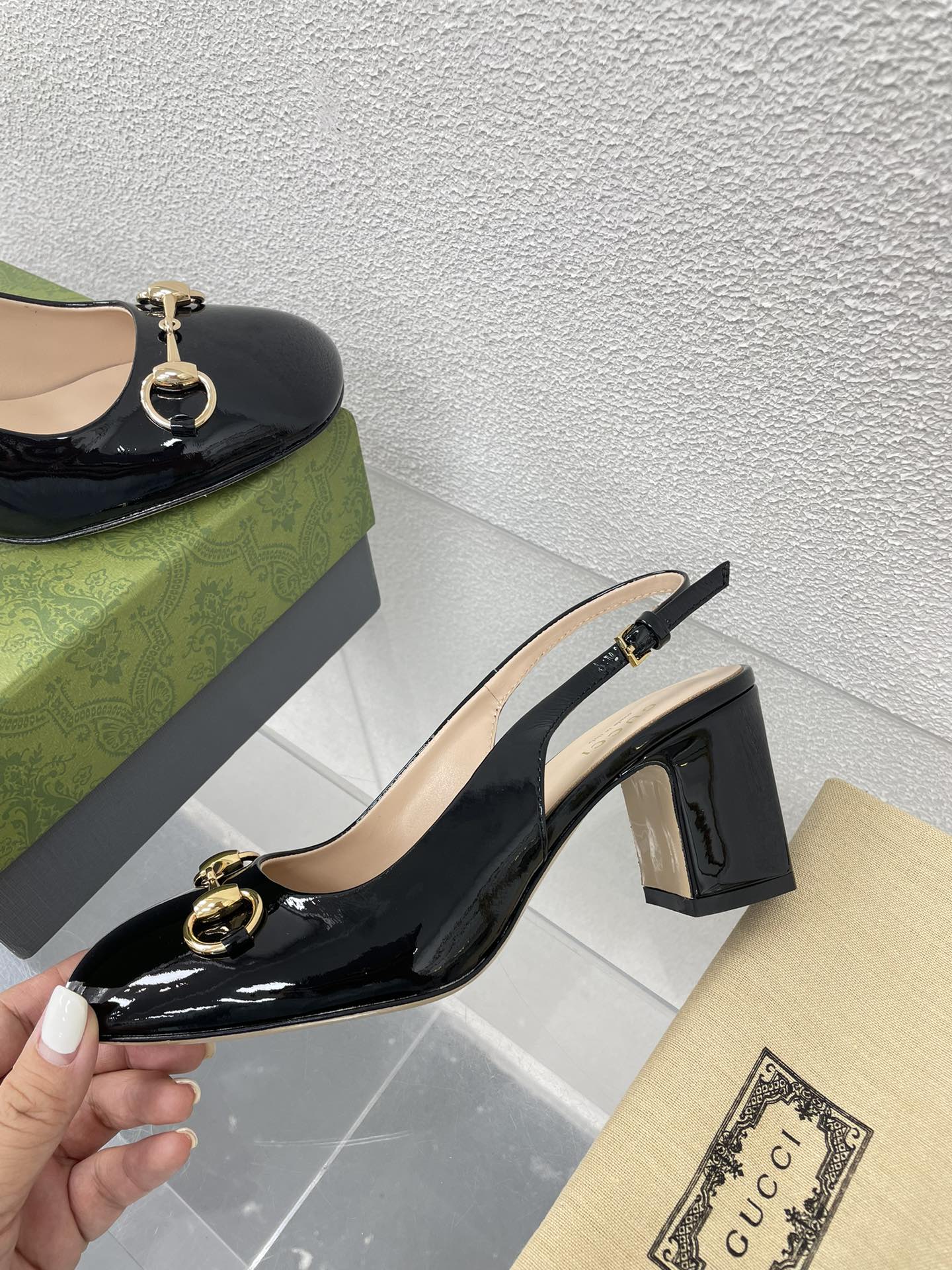 GG WOMEN'S HORSEBIT SLINGBACK 65MM IN BLACK CALFSKIN