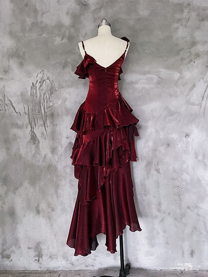 Pretty Asymmetrical Layered Flounce Spaghetti Strap Satin Prom Dress Mermaid Evening Gown cc1459
