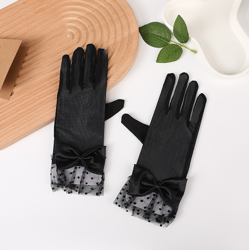 Mesh gloves, black lace polka dot lace bow short tube French Hepburn style dress     S6255