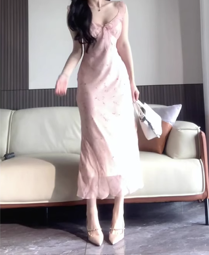Floral suspender dress beautiful figure showing beautiful slim temperament long dress R0672