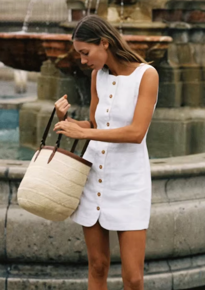 Dress White French Sleeveless Single Breasted Slim Fit A-Line Short R2910