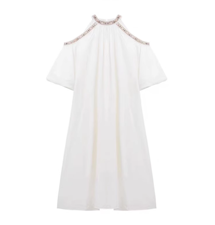 Retro French off-the-shoulder dress, seaside holiday style, cool temperament, unique and chic dress R0419