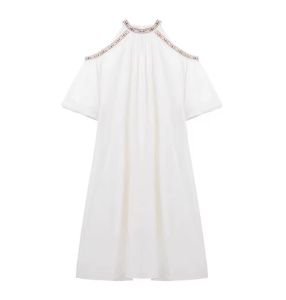 Retro French off-the-shoulder dress, seaside holiday style, cool temperament, unique and chic dress R0419