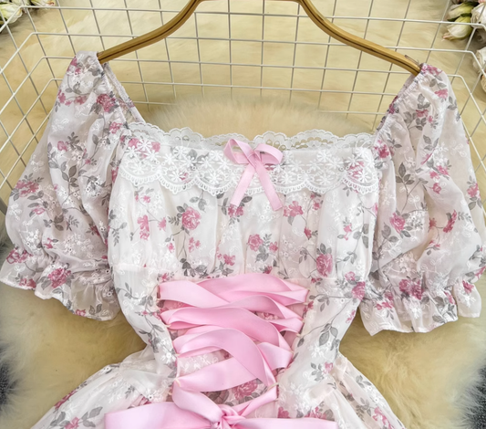 French sweet tea break dress gentle style bubble short sleeve square collar slim a-line chiffon dress R0315