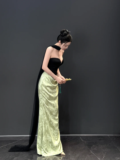 Vintage Strapless Satin Mermaid Prom Dress Long Evening Dress Y8593
