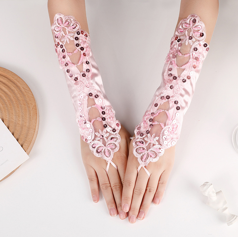 Hollow gloves wedding dress long lace embroidery nail beaded fingerless wedding gloves hook finger     S6250