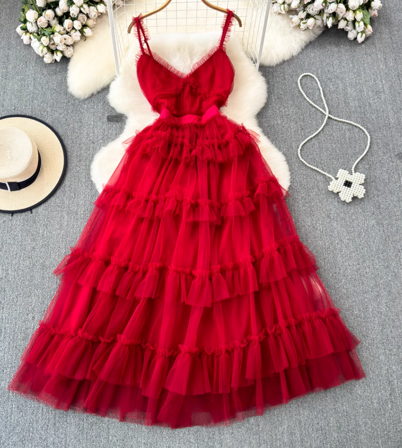 V-neck backless suspender dress waist a-line irregular mesh cake dress holiday long dress R0344