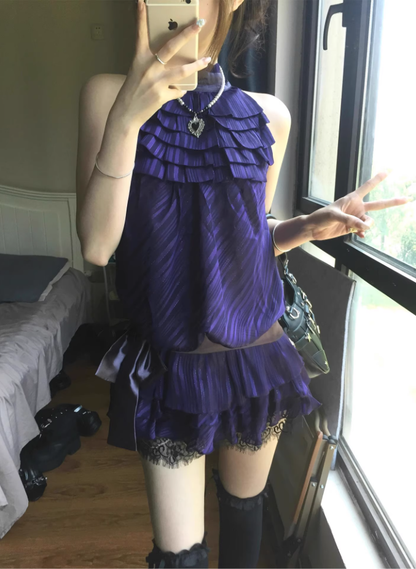 French purple satin lace halter neck dress for women summer beautiful waist cake short skirt R3594