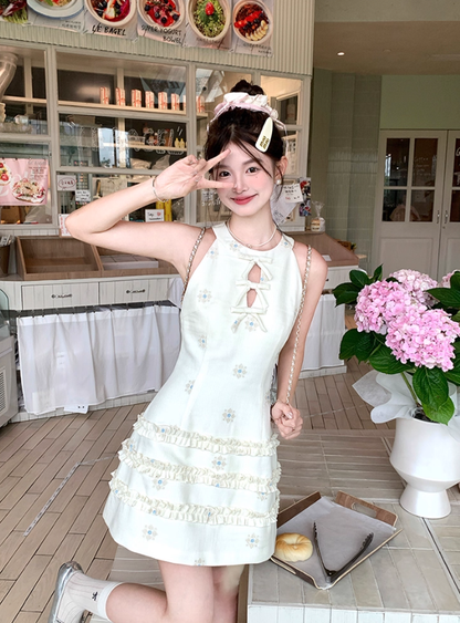 Solid color halter neck sleeveless waist dress summer French temperament retro skirt R4703