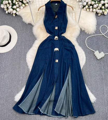 Retro lapel hollow exposed waist waist slimming sleeveless single-breasted A-line split denim dress R0375