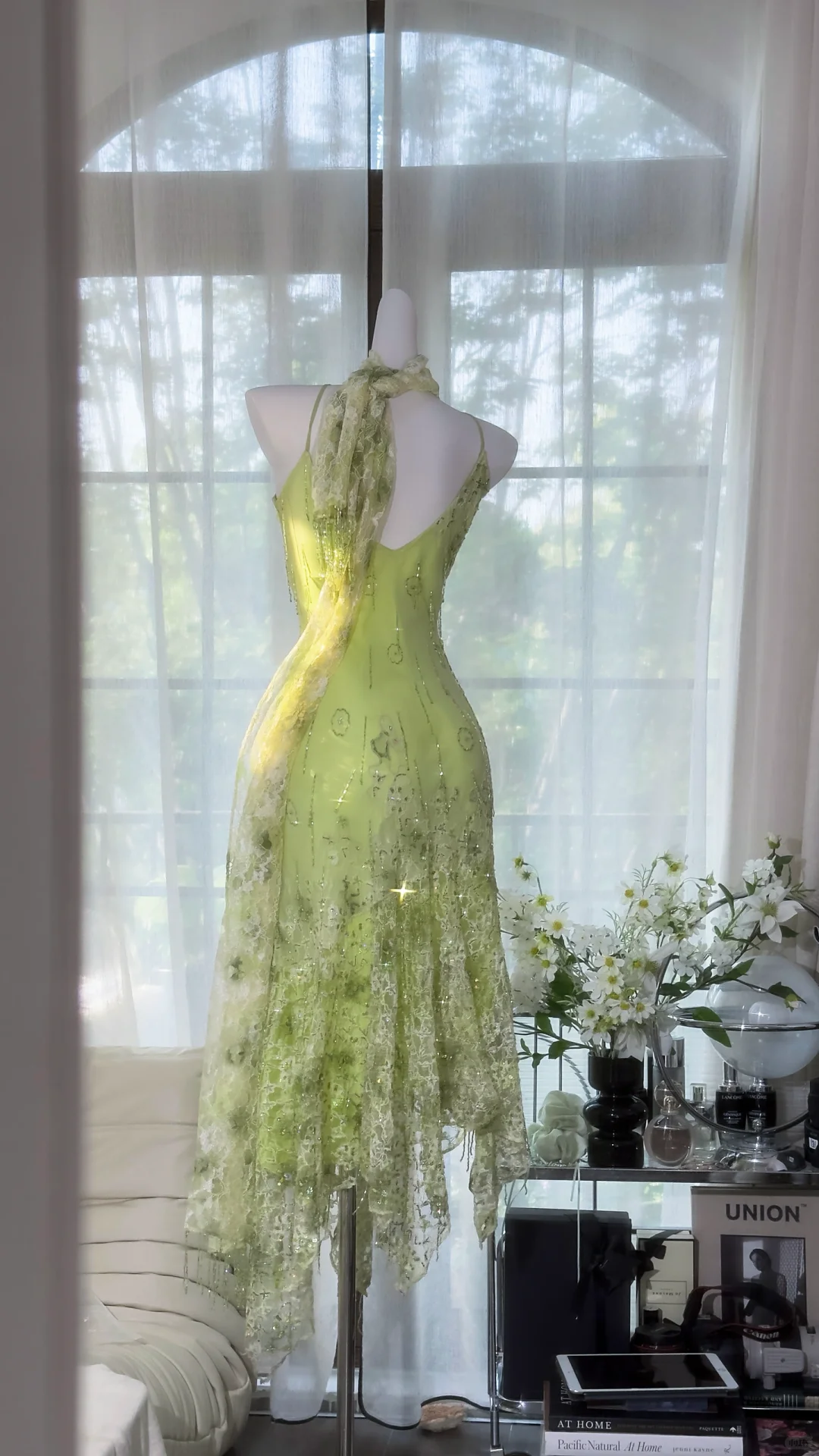 Retro Light Green Sparkling Sequin Spaghetti Strap Romantic Evening Dress Prom Dresses D1502