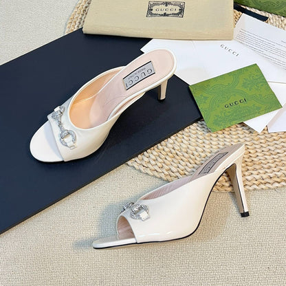 GG  Women's Horsebit mid-heel slide sandal in glossy White leather