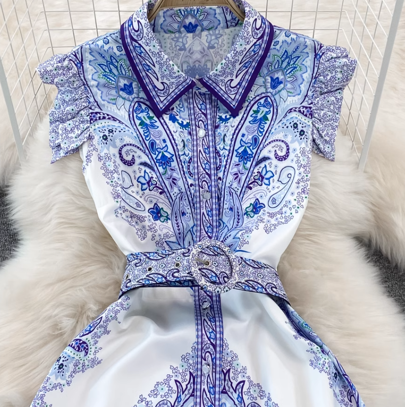 Retro palace style goddess style single-breasted lapel print dress elegant A-line long skirt R0361