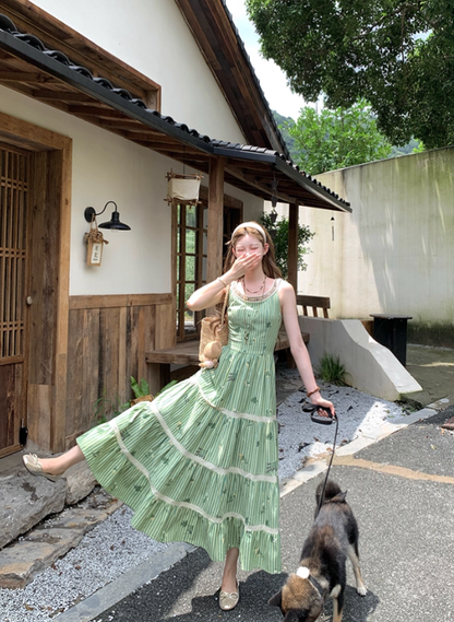 Green long round neck sleeveless suspender dress women's summer French temperament skirt R4742