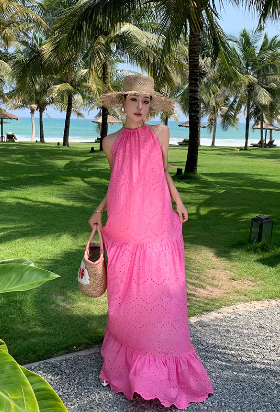 French lace hollow rose red sleeveless halter neck temperament long dress holiday style dress R0198
