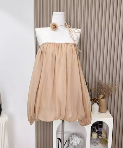 2025 Spring new shoulder pure flower bud skirt high-quality texture cover meat slimming dress R0292