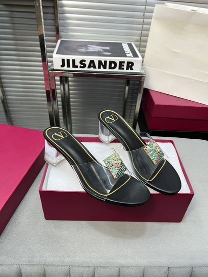 Heeled Sandals 6cm with Crystal Square Buckle Black