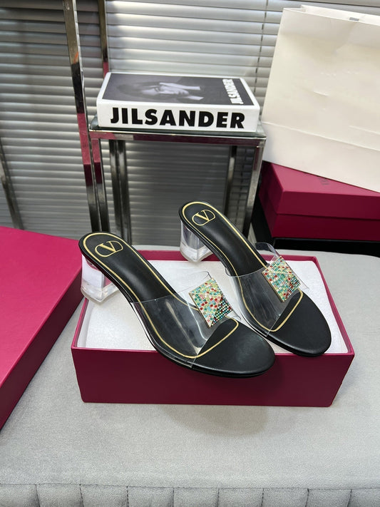 Heeled Sandals 6cm with Crystal Square Buckle Black