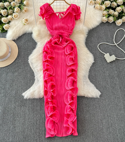 Banquet high-end dress light luxury niche pleated three-dimensional ruffled slim temperament dress R0349