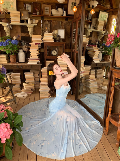Blue floral suspender dress, elegant waist and hip fishtail skirt R0630