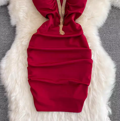 Fashionable slim fit sexy V-neck low-cut slit irregular sleeveless slim fit short hip dress R0369