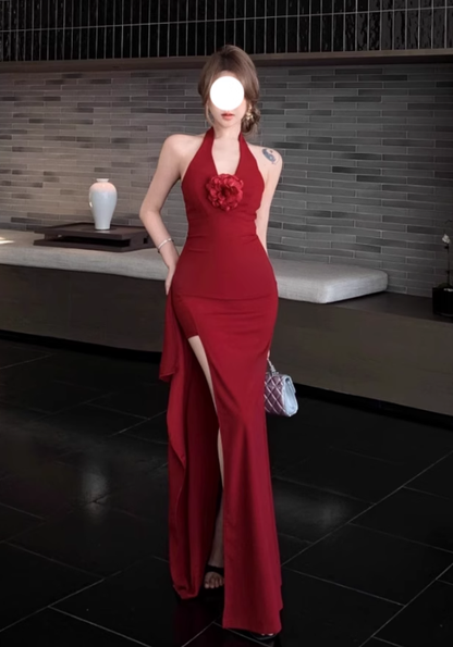 Retro red halter neck dress 2025 new hot girl sexy slit high waist hip long skirt R0036