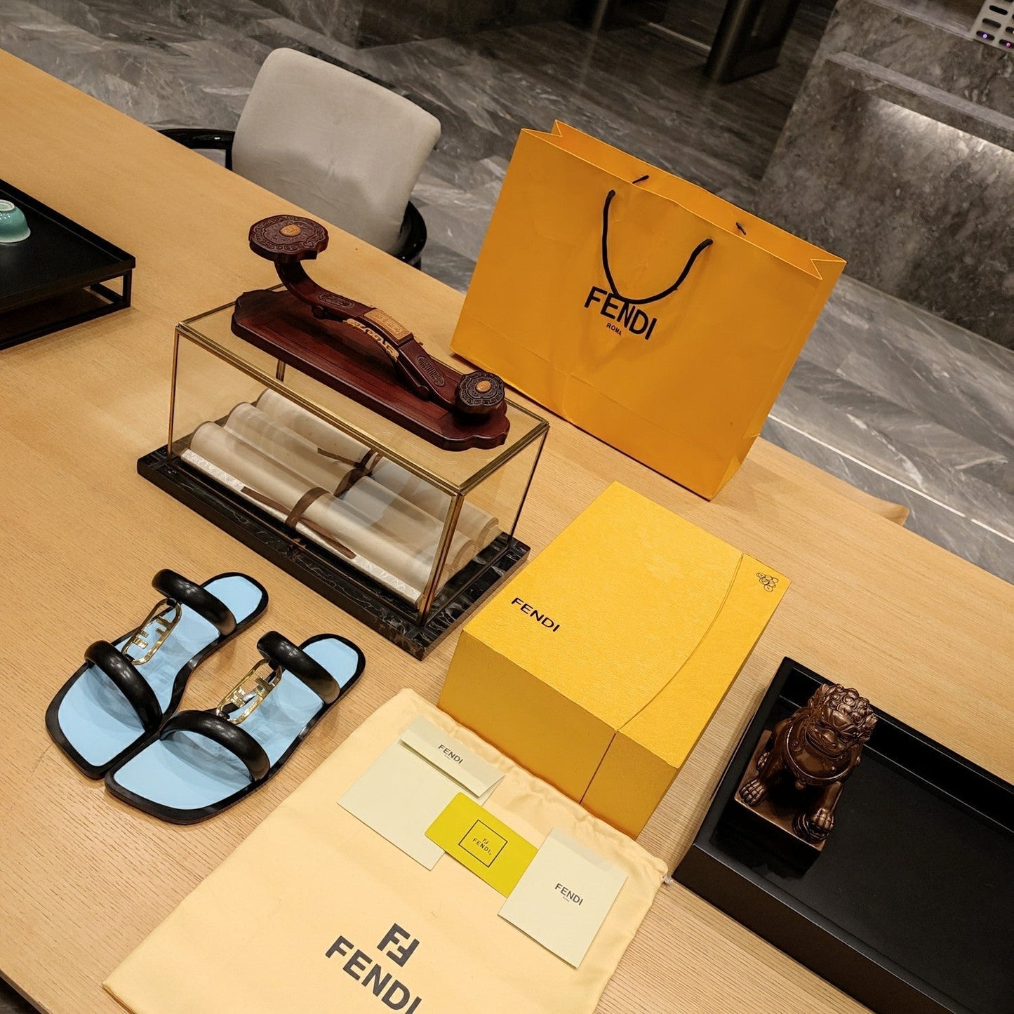 FENDI O'LOCK SLIDES BLACK AND LIGHT BLUE CALFSKIN WITH GOLD HARDWARE