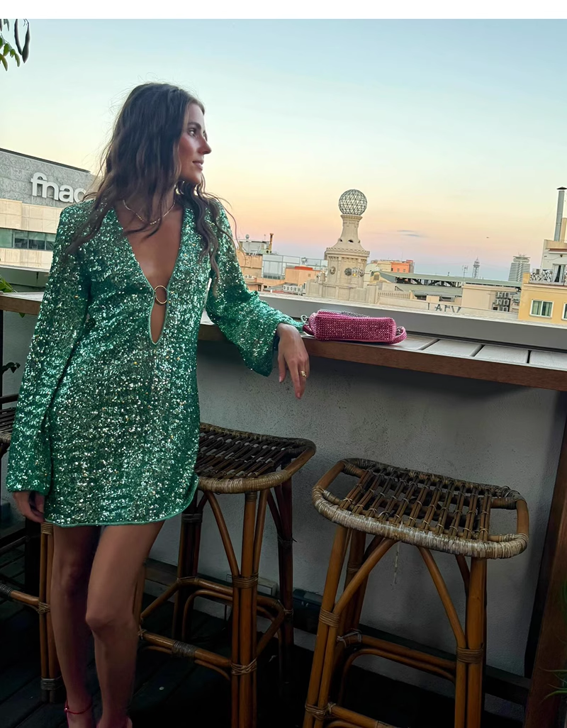 Fashion Green V-neck Sequin Design A-line Long-sleeved Women Party Dress Homecoming Dress, D1413