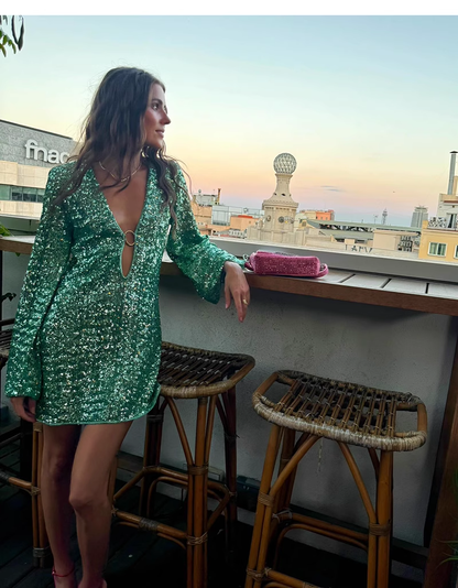 Fashion Green V-neck Sequin Design A-line Long-sleeved Women Party Dress Homecoming Dress, D1413