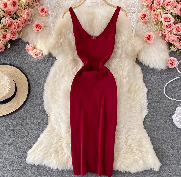 Elastic tight knitted vest skirt new summer style temperament V-neck zipper slit feminine hip dress R0368