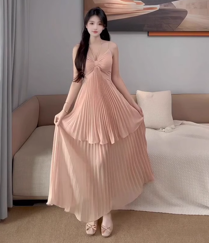 Gentle style pink halter neck suspender dress with beautiful atmosphere R0821