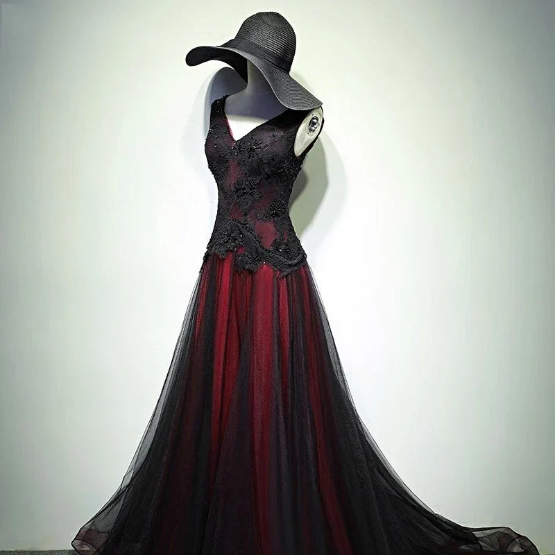 Gorgeous Black And Red V-Neckline Tulle Beaded Prom Dress, Long Evening Gown    fg1880